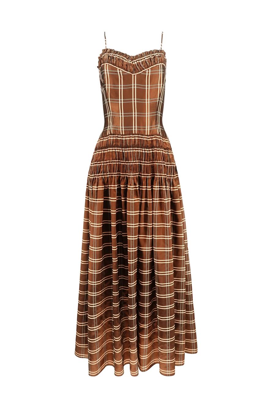 Party Lines by Domb Vintage 1940s Brown Plaid Taffeta Drop-Waist Party Gown